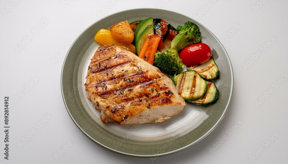Healthy diet plate with grilled chicken fillet and a mix of fresh vegetables, presented on a Healthy diet plate with grilled chicken fillet and a mix of fresh vegetables, presented on a