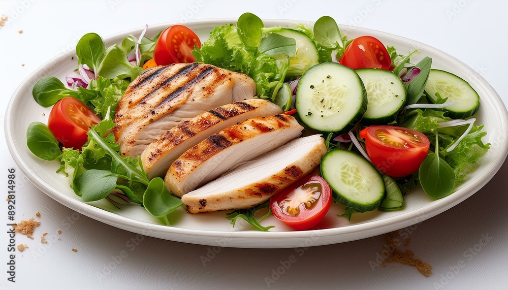 Healthy lunch plate featuring tender grilled chicken fillet and a vibrant salad of mixed green vegetable Healthy lunch plate featuring tender grilled chicken fillet and a vibrant salad of mixed green vegetable