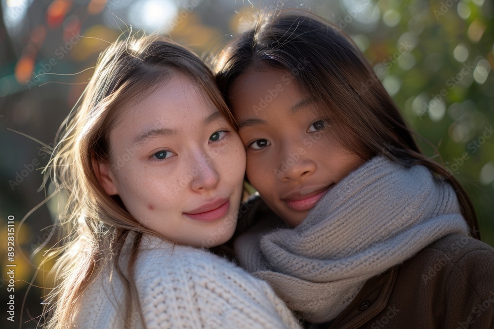 Obraz premium A beautiful close-up image of two diverse girls hugging each other with closed eyes and smiling - Women embracing in the outdoors -