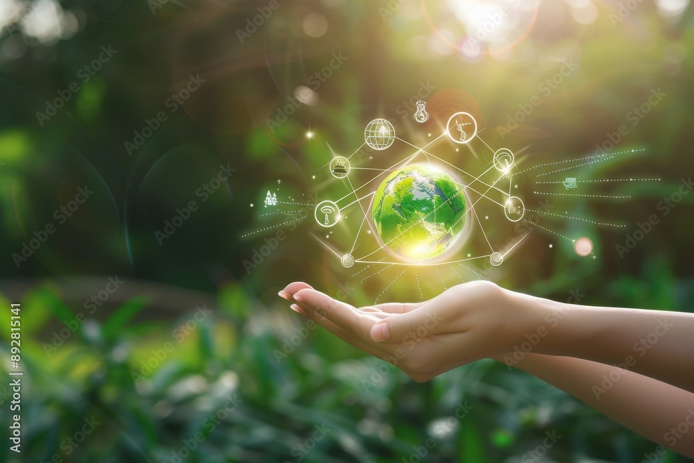Hands holding a Global communication network with an Environment icon on a green background. Green technology and Environmental technology. ESG. Hands holding a Global communication network with an Environment icon on a green background. Green technology and Environmental technology. ESG.