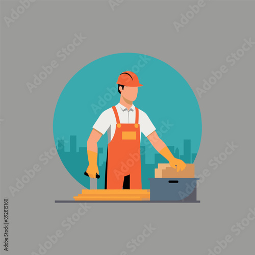 worker and builder wearing construction hat and tools