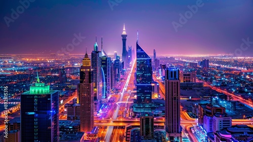 Nighttime Cityscape Kingdom Centre Tower Shining Bright in a Futuristic Urban Jungle HighResolution Aerial Stock Image Capturing the Vibrancy and Motion of a Modern Metropolis