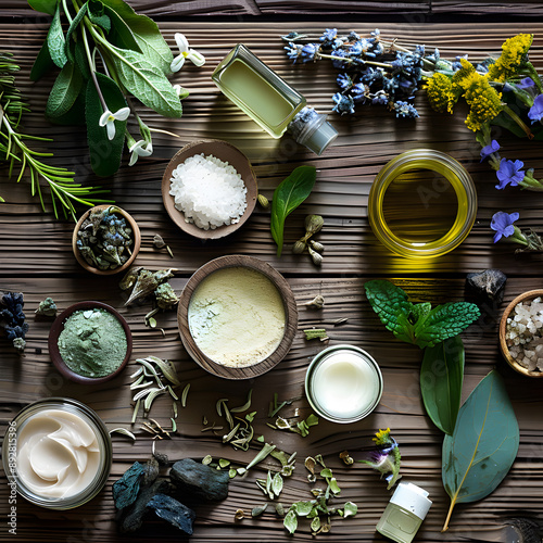 Natural Ingredients For Homemade Skincare Products On Rustic Wooden Background