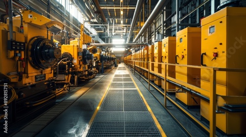 Efficient Power Industrial Generator Room with Neatly Aligned Yellow Generators and Natural Light Streaming In HighResolution Image Captured with Canon EOS 5D Mark IV