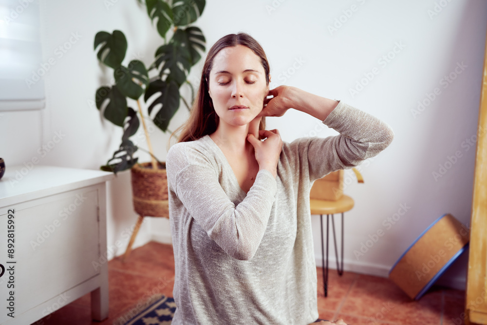 caucasian woman massaging her neck portrait, facial yoga and anti aging concept caucasian woman massaging her neck portrait, facial yoga and anti aging concept