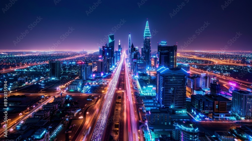 Obraz premium Cityscape Splendor Kingdom Centre Tower Illuminated at Night Capturing the Bustling Energy of Urban Life Aerial Stock Image with Vibrant Lights and Motion Trails Shot with Canon EOS 90D
