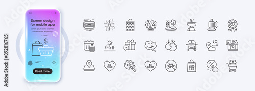 Fireworks explosion, Gas grill and Holidays shopping line icons for web app. Phone mockup gradient screen. Pack of Travel loan, Journey, Pin pictogram icons. Vector