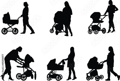 A vector silhouette collection of mothers with children in strollers