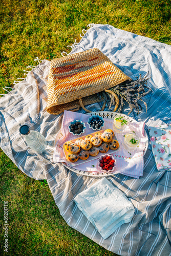 Foto Picnic in a park with homemade muffins, lemonade and berries