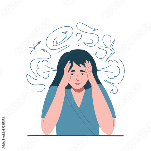 Stress, Anxiety, Mental disorder, Confusion, Depression concept. Frustrated young woman touch head surrounded by think. Mind Health Problem, Mental Disease. Isolated flat vector illustration
