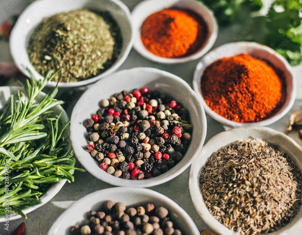 Colourful background from various herbs and spices for cooking in bowls. Top view; aromatic ingredients concept, copy spase Colourful background from various herbs and spices for cooking in bowls. Top view; aromatic ingredients concept, copy spase