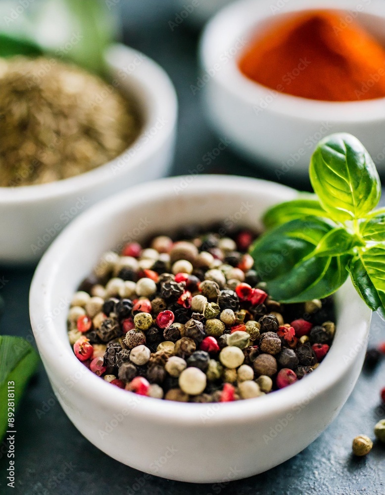 Colourful background from various herbs and spices for cooking in bowls. Top view; aromatic ingredients concept, copy spase Colourful background from various herbs and spices for cooking in bowls. Top view; aromatic ingredients concept, copy spase