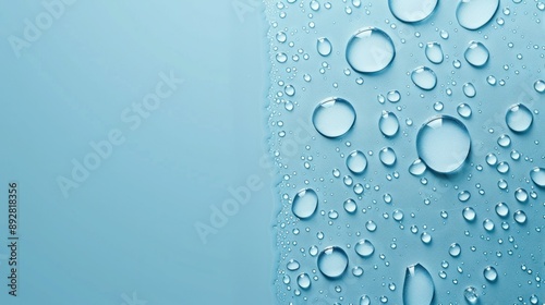 A closeup of water droplets scattered on a blue surface