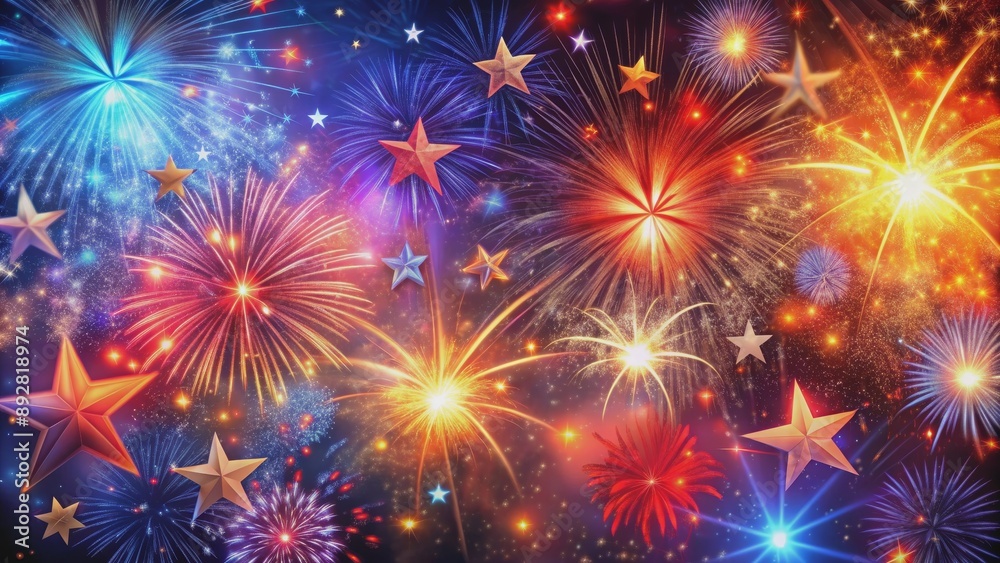 Fototapeta premium Celestial Fireworks with Golden Stars, Digital Art, Celebration, Night Sky, Festive , fireworks, stars