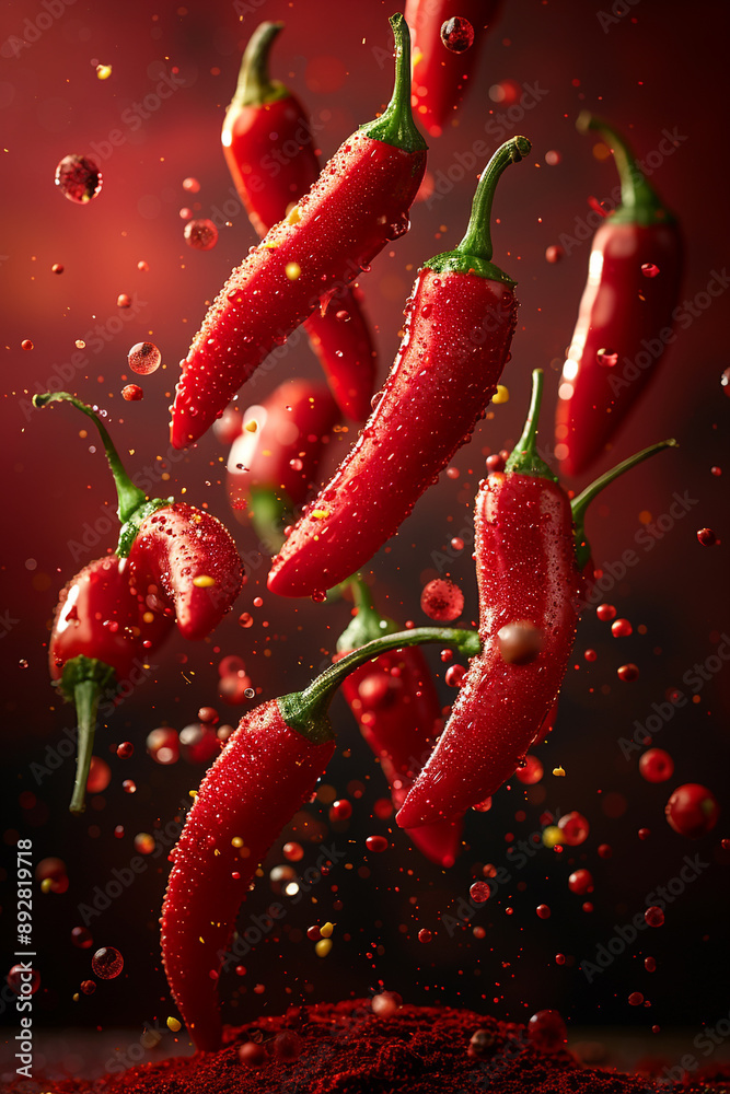 Red peppers floating in the air on a red background Red peppers floating in the air on a red background