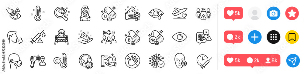 Do not touch, Medical flight and Coronavirus pandemic line icons pack. Social media icons. Vitamin u, Dont touch, Conjunctivitis eye web icon. Medical mask, Washing hands, Eye pictogram. Cough. Vector Do not touch, Medical flight and Coronavirus pandemic line icons pack. Social media icons. Vitamin u, Dont touch, Conjunctivitis eye web icon. Medical mask, Washing hands, Eye pictogram. Cough. Vector