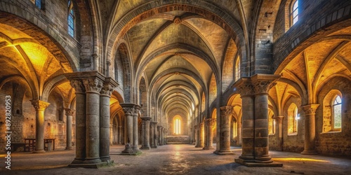 Golden Light Illuminates the Arched Columns of an Ancient Abbey, abbey, architecture, history, stone