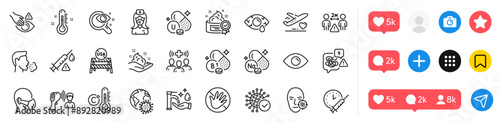 Do not touch, Medical flight and Coronavirus pandemic line icons pack. Social media icons. Vitamin u, Dont touch, Conjunctivitis eye web icon. Medical mask, Washing hands, Eye pictogram. Cough. Vector