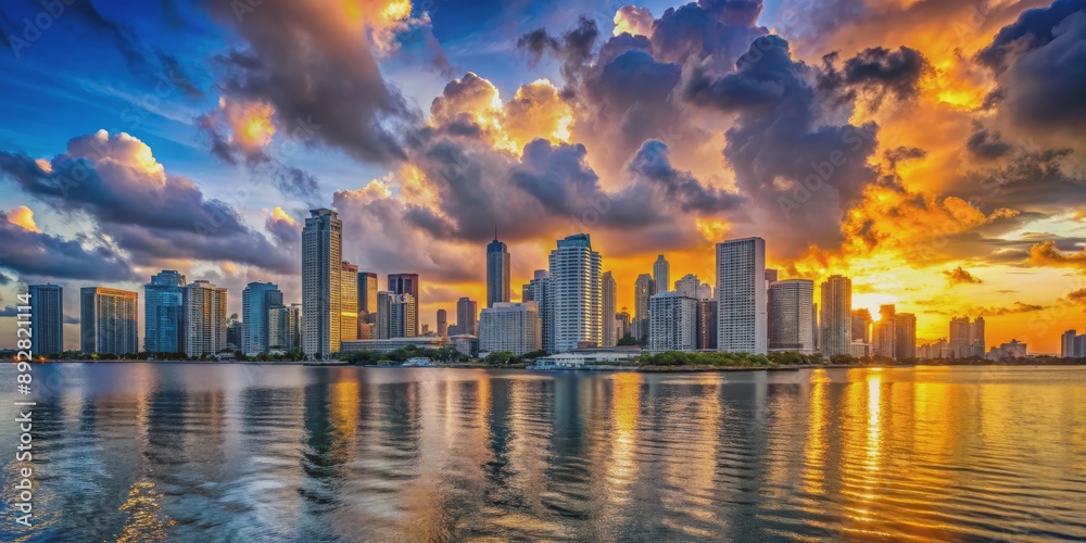 Fototapeta premium Golden Skyline Reflection, Cityscape, Skyscraper, Sunset, Water Reflection , cityscape, skyscraper