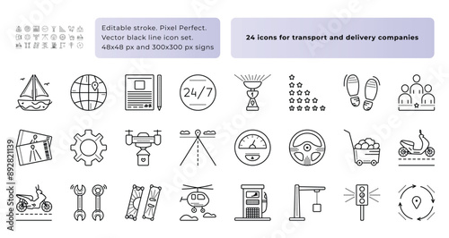 Black line icon set for transport, delivery company, 24 monochrome vector signs, 48x48 px (editable stroke, pixel perfect) and 300x300 px symbols (not editable stroke)