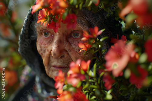 Wallpaper Mural Face of an elderly senior woman in nature surrounded by flowers. An old woman with a hood in a forest. Torontodigital.ca