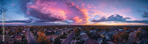 Panorama view of a gated community street in Maryland USA showing a dead-end cul-de-sac (dead-end) residential neighborhood.