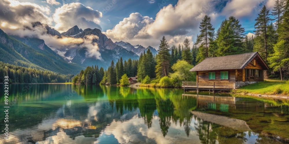 Fototapeta premium Mountain Cabin Reflecting in Serene Lake, Landscape Photography, Mountain Lake, Cabin Reflection, Nature Scenery , mountain lake, cabin reflection