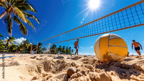 Wallpaper Mural Sunny beach volleyball game with players in action, set against a backdrop of palm trees and a clear blue sky. Torontodigital.ca