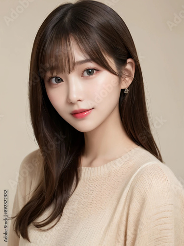 Japanese woman with long hair smiling kindly. Generative AI