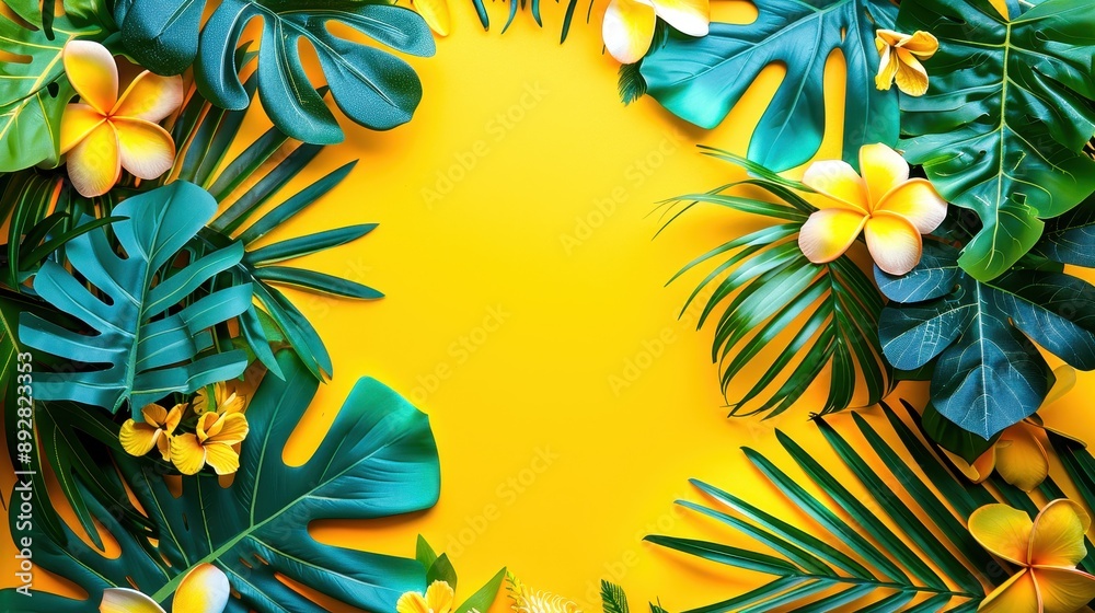 Vibrant tropical leaves and flowers on a bright yellow background, perfect for summer, travel, and nature-themed designs.