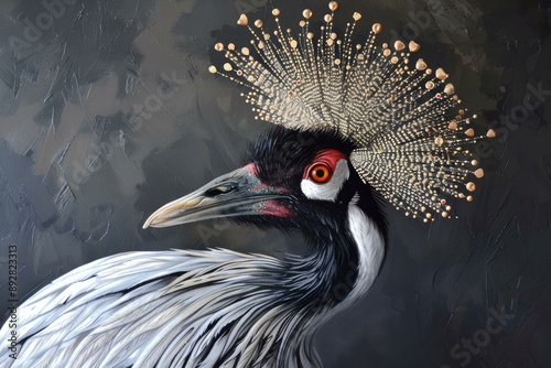 Closeup portrait of a majestic crowned crane, a regal and elegant african bird with a unique beaded crest photo