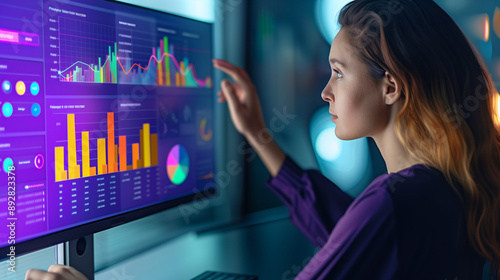 a girl corporate attire depicting business statistics and graphics with a futuristic concept,  woman works on computer, backround digital hologram