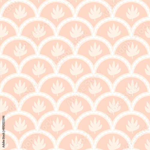 Maple leaf scallop seamless pattern. Arch pink and white repeat background. Autumn forest foliage classic endless design. Vector hand drawn illustration.