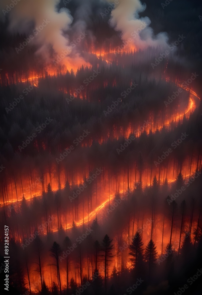Aerial view of a forest engulfed in flames, with smoke billowing through the trees. The landscape features tall, charred trees and dense fog-like smoke, creating a dramatic contrast between the orange Aerial view of a forest engulfed in flames, with smoke billowing through the trees. The landscape features tall, charred trees and dense fog-like smoke, creating a dramatic contrast between the orange
