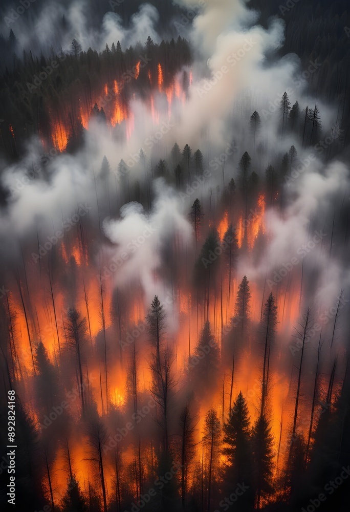 Aerial view of a forest engulfed in flames, with smoke billowing through the trees. The landscape features tall, charred trees and dense fog-like smoke, creating a dramatic contrast between the orange