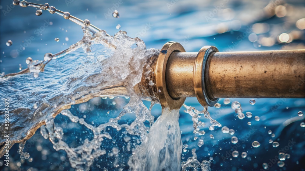 Water Splashes From a Brass Pipe, Close-Up, Blue Background, Macro Photography, Water, Splash, Pipe Water Splashes From a Brass Pipe, Close-Up, Blue Background, Macro Photography, Water, Splash, Pipe