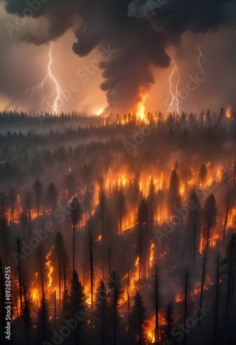 Aerial view of a forest engulfed in flames, with smoke billowing through the trees. The landscape features tall, charred trees and dense fog-like smoke, creating a dramatic contrast between the orange