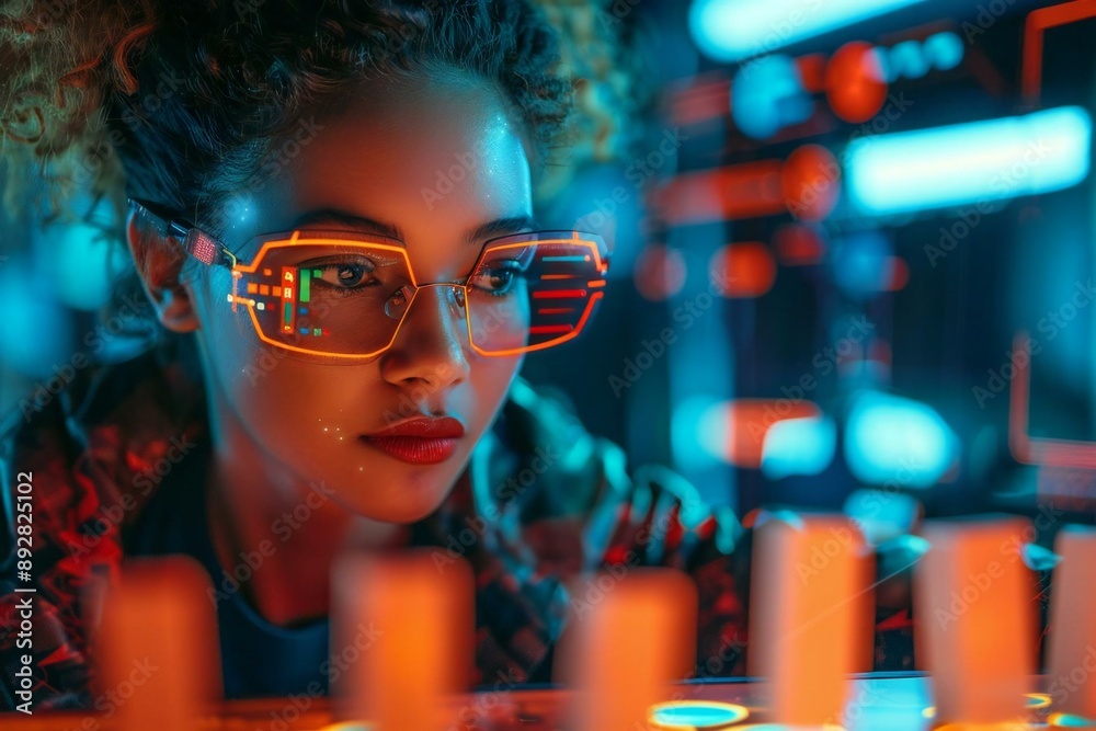 Fototapeta premium Beautiful African American woman wearing futuristic eyeglasses uses AI technology to stop falling dominoes with precision, symbolizing protection and security in business, set
