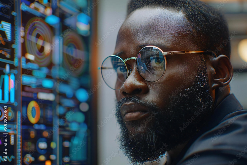African-American businessman with a well-groomed beard wearing eyeglasses analyzes data on holographic screens with AI assistance at a futuristic office desk.