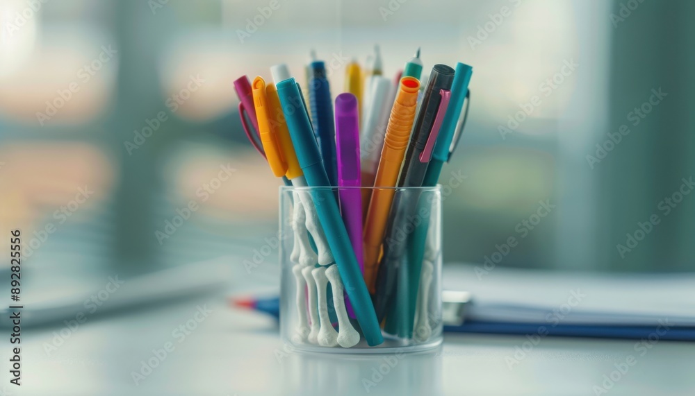 A close-up of a skeleton hand pen holder on a desk, holding a variety of colorful pens A close-up of a skeleton hand pen holder on a desk, holding a variety of colorful pens