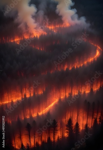 Aerial view of a forest engulfed in flames, with smoke billowing through the trees. The landscape features tall, charred trees and dense fog-like smoke, creating a dramatic contrast between the orange