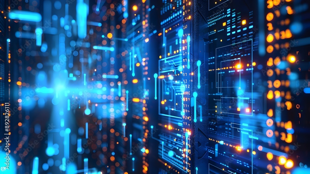 A computer network with blue and orange lights. The blue lights are the main color of the image, while the orange lights are scattered throughout the image. A computer network with blue and orange lights. The blue lights are the main color of the image, while the orange lights are scattered throughout the image.