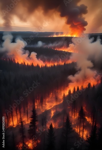 Aerial view of a forest engulfed in flames, with smoke billowing through the trees. The landscape features tall, charred trees and dense fog-like smoke, creating a dramatic contrast between the orange