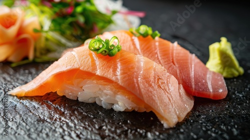 A detailed shot of a piece of nigiri sushi, with perfectly sliced raw fish draped over a small mound of vinegared rice, topped with a dab of wasabi