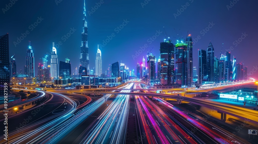 Fototapeta premium City Lights Vibrant Neon Cityscape with Illuminated Skyscrapers and Light Trails Capturing the FastPaced Urban Lifestyle HighQuality Night Shot by Canon EOS 5DS R