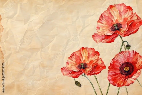 A close-up shot of three red poppies on a piece of paper