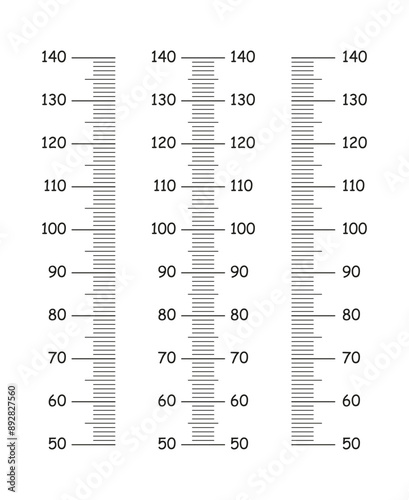 Kids height chart from 50 to 140 centimeters set. Template for wall growth sticker isolated on a white background. Meter wall or growth vertical ruler. Graphic illustration. 