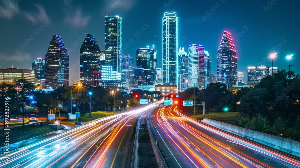 Naklejka premium Neon Nights Vibrant Cityscape with Light Trails and Futuristic Skyscrapers Capturing the Dynamic Energy of Urban Life with Canon EOS 6D Mark II