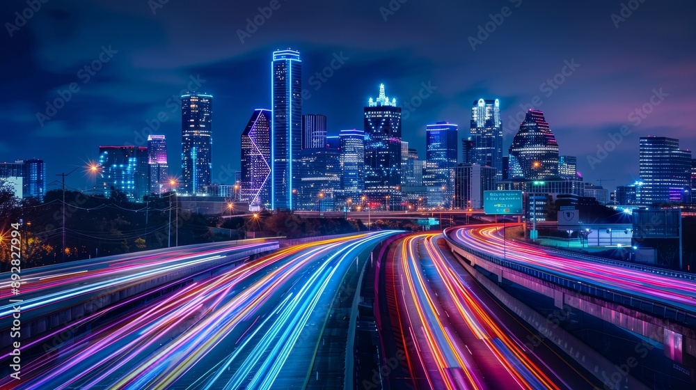 Fototapeta premium Urban Pulse Dynamic Cityscape with Vibrant Lights and HighSpeed Traffic Capturing the Energy and Futuristic Vibe of Modern Life. Shot with Fujifilm GFX 100 for Unmatched Resolution and Color Accuracy.