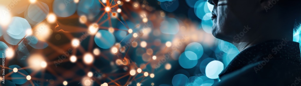 A focused entrepreneur's profile blended with a network of connected nodes, representing business connectivity and digital transformation A focused entrepreneur's profile blended with a network of connected nodes, representing business connectivity and digital transformation